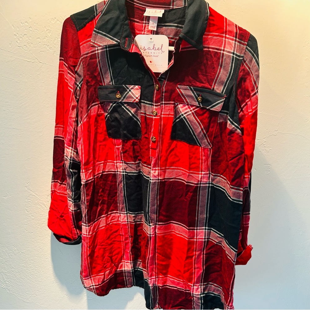 Isabel Maternity Red and‎ Black Plaid Button Shirt